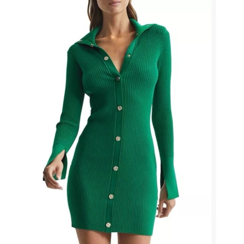 REISS Rhiannon Collared Button Front Ribbed Green Mini Dress Size S - Picture 7 of 9